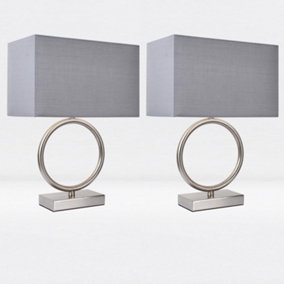 First Choice Lighting Set of 2 Satin Nickel Hoop Lamps with Grey Shade
