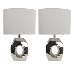 First Choice Lighting Set of 2 Sculptured Metallic Ceramic 38cm Table Lamps with White Fabric Shades
