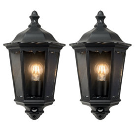 First Choice Lighting Set of 2 Sienna Black with Clear Glass IP44 Outdoor Half Lantern Wall Lights with PIR Motion Sensor