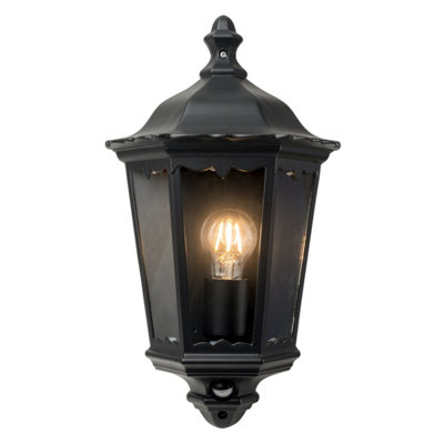 First Choice Lighting Set of 2 Sienna Black with Clear Glass IP44 Outdoor Half Lantern Wall Lights with PIR Motion Sensor