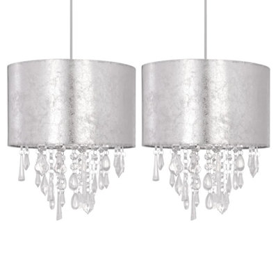 First Choice Lighting Set of 2 Silver Marble Affect Jewelled Light Shades