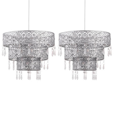 First Choice Lighting Set of 2 Silver Moroccan Styled Tiered Light Shades