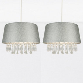 First Choice Lighting Set of 2 Sparkle Clear Beaded Sparkle Grey Easy Fit Jewelled Pendant Shades