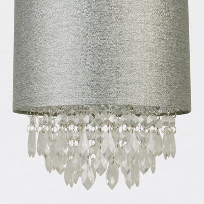 First Choice Lighting Set of 2 Sparkle Grey Faux Silk Jewelled Easy Fit Light Shades