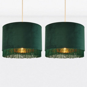 First Choice Lighting Set of 2 Spruce Green Velvet With Gold Inner Tassled Light Shades