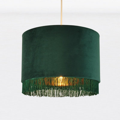 First Choice Lighting Set of 2 Spruce Green Velvet With Gold Inner Tassled Light Shades