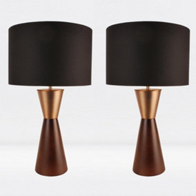 First Choice Lighting Set of 2 Stack Wood Satin Copper Black Table Lamp With Shades