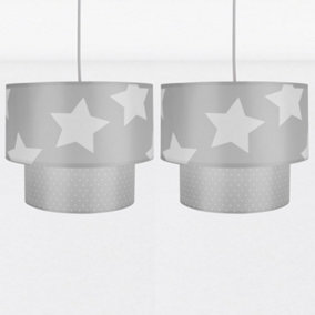 First Choice Lighting Set of 2 Star Grey White Star Print Easy Fit Fabric Pendant Shades