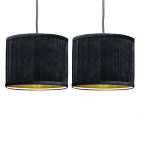 First Choice Lighting Set of 2 Sundance Black Velvet Pleated 25cm Lamp Shades with Gold Inner