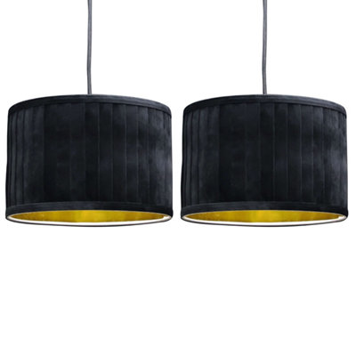 First Choice Lighting Set of 2 Sundance Black Velvet Pleated 30cm Lamp Shades with Gold Inner