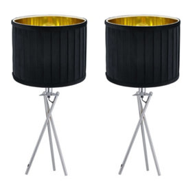 First Choice Lighting Set of 2 Sundance Chrome Tripod Table Lamps with Black Pleated Velvet Shades