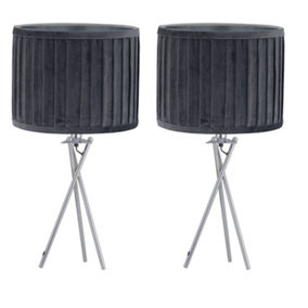 First Choice Lighting Set of 2 Sundance Chrome Tripod Table Lamps with Grey Pleated Velvet Shades