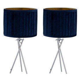 First Choice Lighting Set of 2 Sundance Chrome Tripod Table Lamps with Navy Blue Pleated Velvet Shades