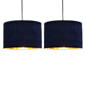 First Choice Lighting Set of 2 Sundance Navy Blue Velvet Pleated 30cm Lamp Shades with Gold Inner