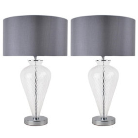 First Choice Lighting Set of 2 Swirl Chrome Clear Glass Grey Table Lamp With Shades