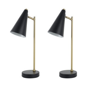 First Choice Lighting Set of 2 Task Matt Black and Antique Brass Task Table Lamps