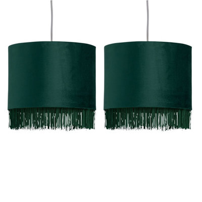 First Choice Lighting Set of 2 Tassel Dark Green Velvet with Gold Inner Easy Fit 25cm Pendant Shades