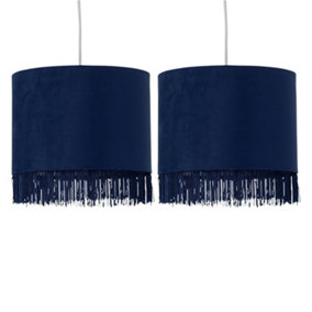 First Choice Lighting Set of 2 Tassel Navy Blue Velvet with Chrome Inner Easy Fit 25cm Pendant Shades