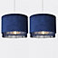 First Choice Lighting Set of 2 Tassle Chrome Navy Easy Fit Fabric Pendant Shades