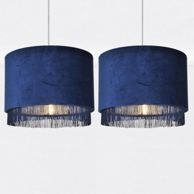 First Choice Lighting Set of 2 Tassle Chrome Navy Easy Fit Fabric Pendant Shades