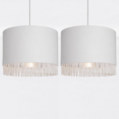 First Choice Lighting Set of 2 Tassle Chrome Off White Easy Fit Fabric Pendant Shades