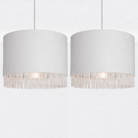 First Choice Lighting Set of 2 Tassle Chrome Off White Easy Fit Fabric Pendant Shades