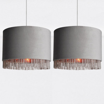 First Choice Lighting Set of 2 Tassle Copper Grey Easy Fit Fabric Pendant Shades