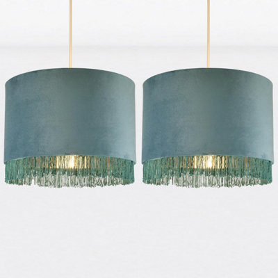 First Choice Lighting Set of 2 Teal Velvet With Chrome Inner Tassled Light Shades