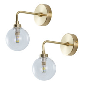 First Choice Lighting Set of 2 Toner Satin Brass with Clear Glass Globe Wall Lights
