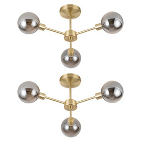 First Choice Lighting Set of 2 Toner Satin Brass with Smoke Glass Globes 3 Light Flush Ceiling Lights