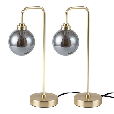 First Choice Lighting Set of 2 Toner Satin Brass with Smoked Glass Globe Table Lamps