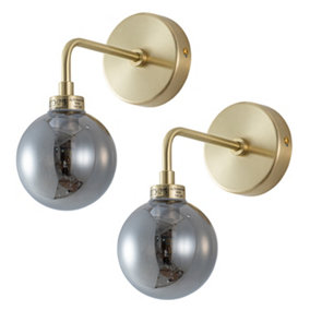First Choice Lighting Set of 2 Toner Satin Brass with Smoked Glass Globe Wall Lights