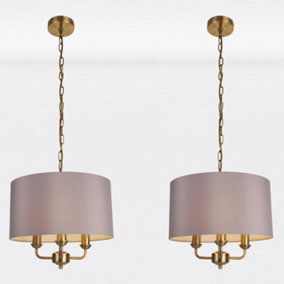 First Choice Lighting Set of 2 Trafalgar Antique Brass Grey 3 Light Ceiling Pendant Lights