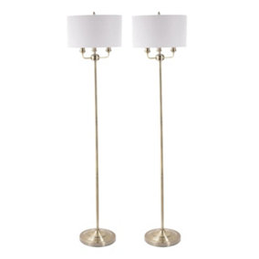 First Choice Lighting Set of 2 Trafalgar Antique Brass Grey 3 Light Floor Lamps