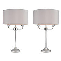 First Choice Lighting Set of 2 Trafalgar Chrome Grey 2 Light Table Lamp With Shades