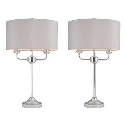 First Choice Lighting Set of 2 Trafalgar Chrome Grey 2 Light Table Lamp With Shades