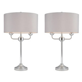 First Choice Lighting Set of 2 Trafalgar Chrome Grey 2 Light Table Lamp With Shades