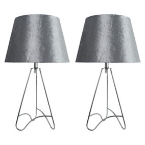 First Choice Lighting Set of 2 Tripod Chrome Curved Tripod 45cm Table Lamps With Grey Crushed Velvet Shades