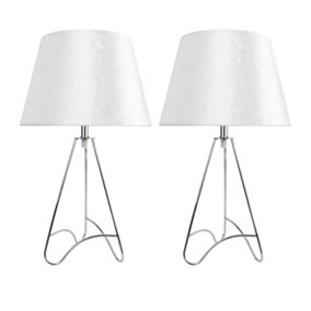 First Choice Lighting Set of 2 Tripod Chrome Curved Tripod 45cm Table Lamps With Off White Crushed Velvet Shades