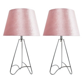 First Choice Lighting Set of 2 Tripod Chrome Curved Tripod 45cm Table Lamps With Pink Crushed Velvet Shades