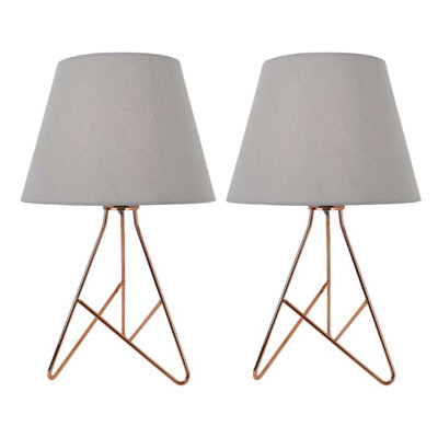 First Choice Lighting Set of 2 Tripod Copper 42cm Table Lamps With Grey Fabric Shades