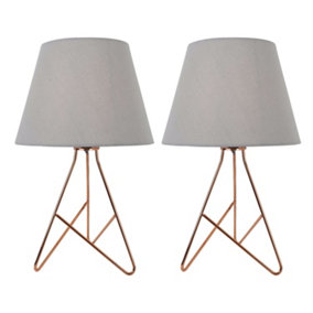 First Choice Lighting Set of 2 Tripod Copper 42cm Table Lamps With Grey Fabric Shades