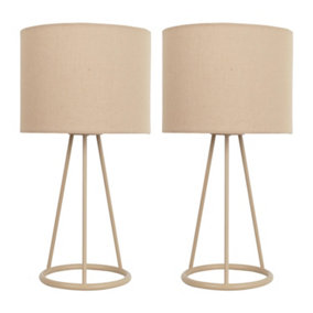 First Choice Lighting Set of 2 Tripod Natural Tripod Table Lamps with Ring Detail and Matching Fabric Shades