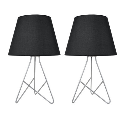 First Choice Lighting Set of 2 Tripod Silver 42cm Table Lamps With Black Fabric Shades