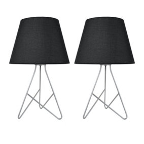 First Choice Lighting Set of 2 Tripod Silver 42cm Table Lamps With Black Fabric Shades