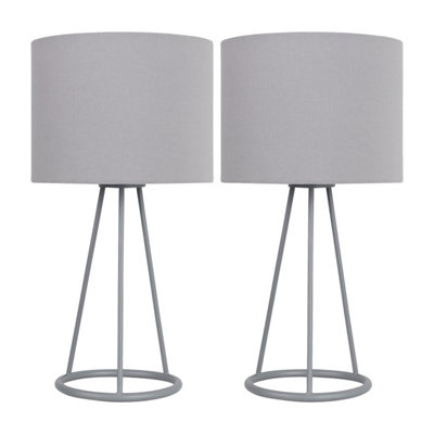 First Choice Lighting Set of 2 Tripod Silver Tripod Table Lamps with Ring Detail and Grey Fabric Shades