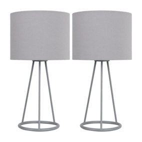 First Choice Lighting Set of 2 Tripod Silver Tripod Table Lamps with Ring Detail and Grey Fabric Shades