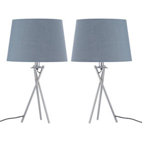 First Choice Lighting - Set of 2 Tripod Table Lamps with Grey Cotton Fabric Shades