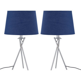 First Choice Lighting - Set of 2 Tripod Table Lamps with Navy Cotton Fabric Shades