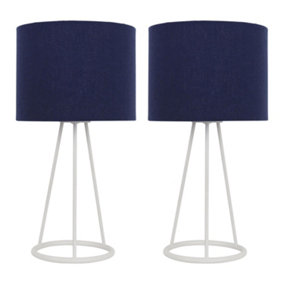 First Choice Lighting Set of 2 Tripod White Tripod Table Lamps with Ring Detail and Navy Blue Fabric Shades